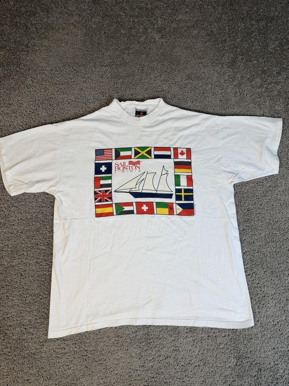 Vintage Sail Boston Shirt Mens XL White Flags Short Sleeve Graphic Crew Neck 90s